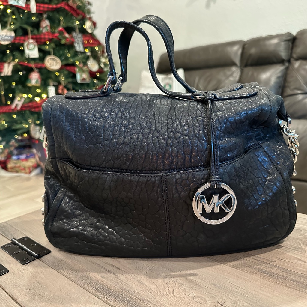 Michael Kors Black Pebble Leather Studded Satchel